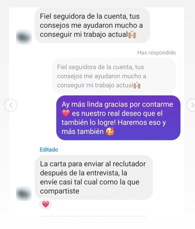 Mensaje de una seguidora: los consejos le ayudaron a conseguir su trabajo actual